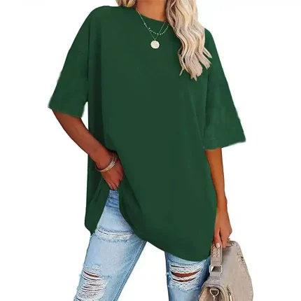 a woman in a green shirt