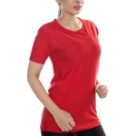 a woman in a red shirt