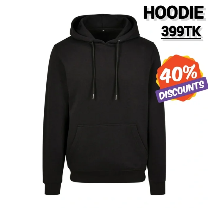 Black hoodie with a 40% discount advertisement, priced at 399TK.