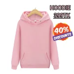 Pink hoodie on a hanger with "399TK" price tag and "40% DISCOUNTS" sticker.