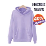 A lavender hoodie on a hanger with a "40% Discounts" label and "HOODIE 399TK" text.