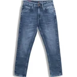 A pair of blue denim jeans laid flat on a white background.