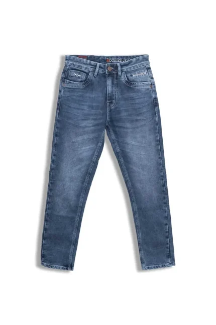 A pair of blue denim jeans laid flat on a white background.