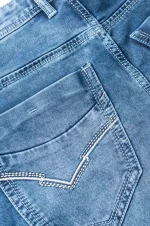 Close-up of a blue denim jean pocket with detailed stitching.