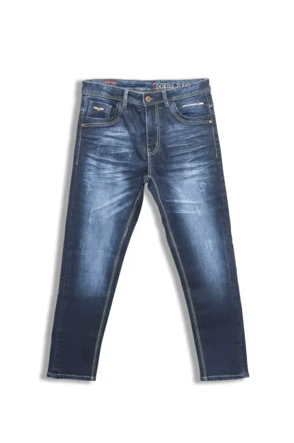 A pair of blue denim jeans laid flat on a white background.