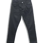 A pair of dark blue jeans laid flat on a white background.