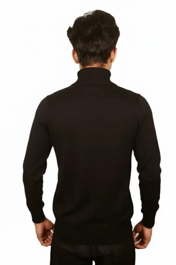 A man in a black turtleneck sweater viewed from the back, showcasing the snug fit and classic design.
