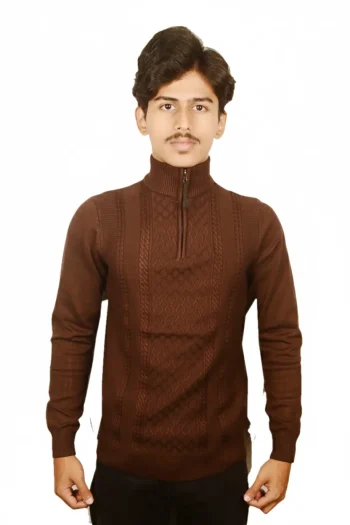 A person wearing a rich brown, textured zip-up sweater stands against a white background, with hands positioned at the sides.