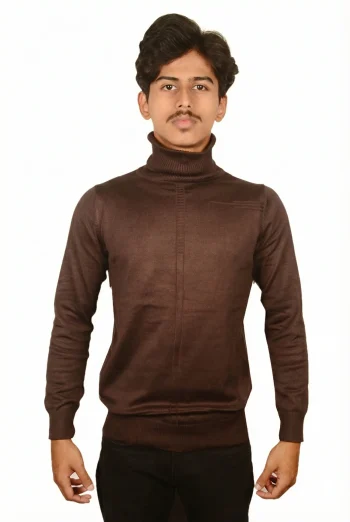 A person is wearing a brown turtleneck sweater with a slim fit, posing against a plain white background.